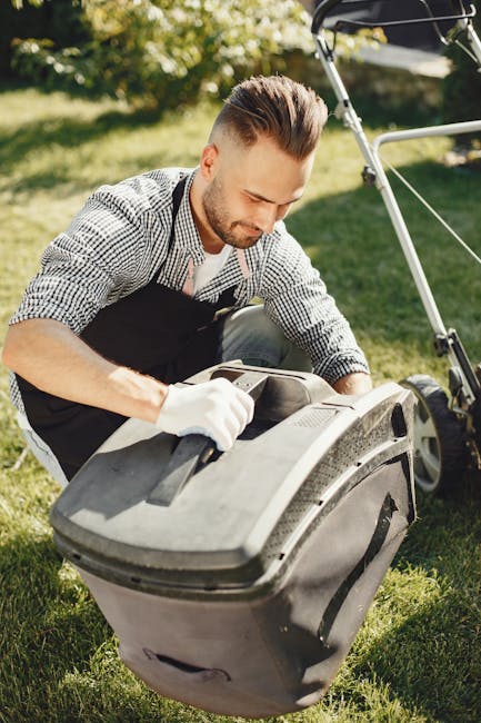A blue metal wheelbarrow with a single black rubber wheel, filled with freshly cut green foliage, rests on a grassy lawn. The grass is a mix of short, trimmed areas and slightly longer patches, dotted